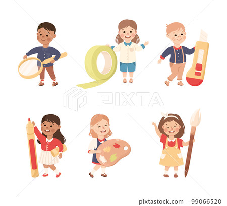 Cute Boy and Girl with Huge School Stationery Objects Vector Set Cute Boy and Girl with Huge School Stationery Objects Vector Set 99066520