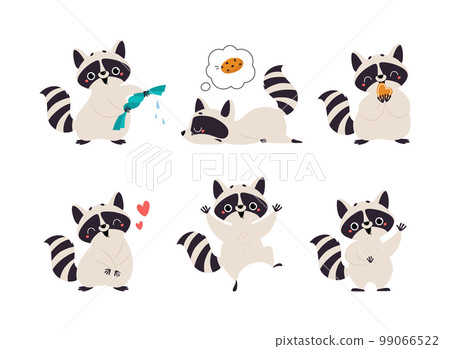 Cute Raccoon Character with Ringed Tail Engaged in Different Activity Vector Set Cute Raccoon Character with Ringed Tail Engaged in Different Activity Vector Set 99066522