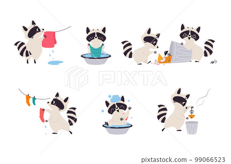 Cute Raccoon Character with Ringed Tail Engaged in Different Activity Vector Set Cute Raccoon Character with Ringed Tail Engaged in Different Activity Vector Set 99066523
