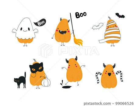 Cute Orange Pumpkin Character with Arm and Legs Having Fun at Halloween Holiday Vector Set 99066526