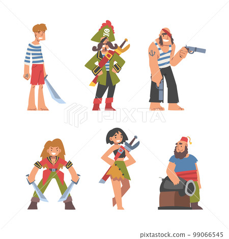 Pirate or Buccaneer Character with Saber and Striped Vest as Marine Robber Vector Set 99066545