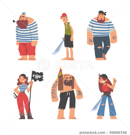 Pirate or Buccaneer Character with Saber and Striped Vest as Marine Robber Vector Set 99066546