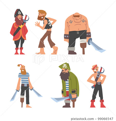 Pirate or Buccaneer Character with Saber and Striped Vest as Marine Robber Vector Set 99066547