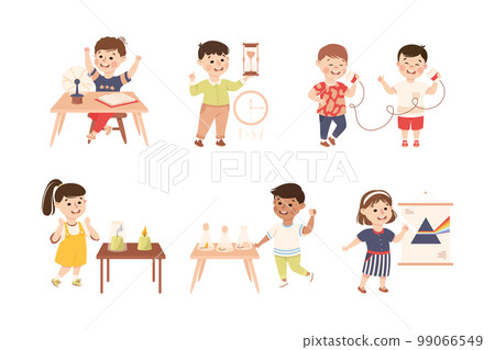 Little Children Working on Physics Science Experiment Vector Set 99066549