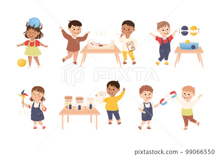 Little Children Working on Physics Science Experiment Vector Set 99066550