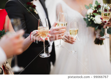 Party with friends. Group of cheerful young people carrying sparklers and champagne flutes Party with friends. Group of cheerful young people carrying sparklers and champagne flutes 99066767