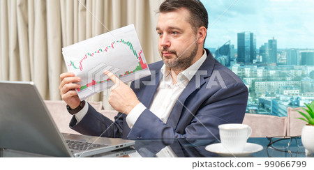 coach conducts financial online investment training. Chatting online on laptop at workplace. 99066799