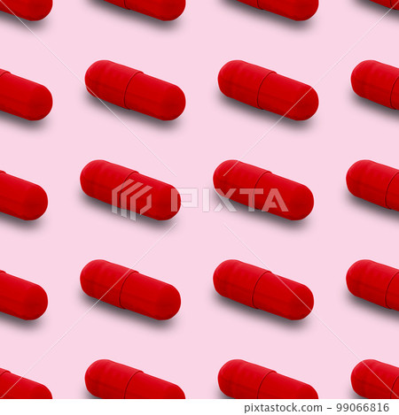 Gel capsule seamless pattern. Red capsule drug, pharmacy concept. food supplement, on pink Gel capsule seamless pattern. Red capsule drug, pharmacy concept. food supplement, on pink 99066816