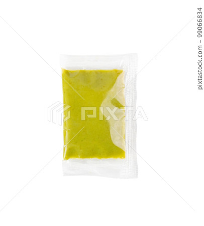 Wasabi Sauce in Square Plastic Bag Isolated, One-Time Portion of Green Sushi Sauce, Wasabi Transparent Sachet Wasabi Sauce in Square Plastic Bag Isolated, One-Time Portion of Green Sushi Sauce, Wasabi Transparent Sachet 99066834