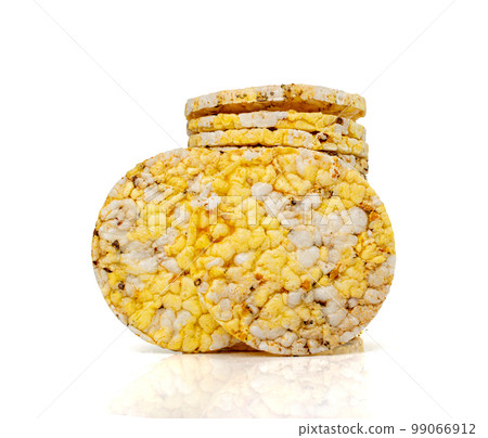 Puffed Corn Cake Isolated, Corn Diet Bread with Fragrant Herbs and Spices, Waffle with Corns, Rice, Cereal Snack 99066912
