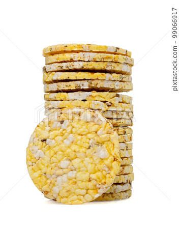 Puffed Corn Cake Isolated, Corn Diet Bread with Fragrant Herbs and Spices, Waffle with Corns, Rice, Cereal Snack 99066917