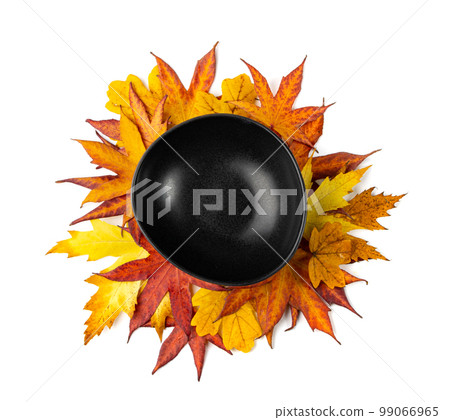 Autumn Leaves Kitchen Mockup, Leaf Pile and Empty Plate Top View Autumn Leaves Kitchen Mockup, Leaf Pile and Empty Plate Top View 99066965