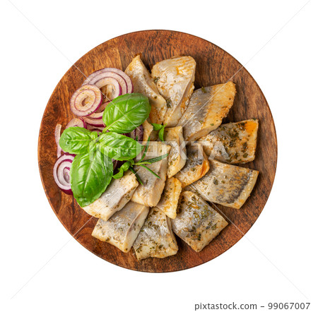 Salted Herring Fillet Isolated, Raw Pickled Fish Meat, Marinated Herring on White Background 99067007