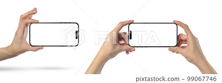 Phone in hand, set. Modern, new phone in hand isolated on white background from different angles. Mockup set, smartphones in hands from different sides to be inserted into the project Phone in hand, set. Modern, new phone in hand isolated on white background from different angles. Mockup set, smartphones in hands from different sides to be inserted into the project 99067746
