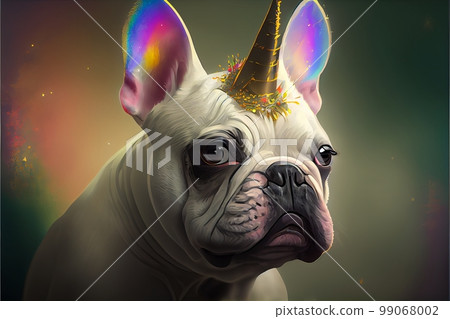 Funny portrait of white french bulldog in unicorn golden horn Funny portrait of white french bulldog in unicorn golden horn 99068002
