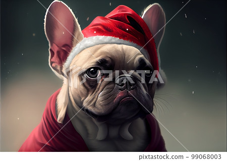 French bulldog, in red Santa Claus clothes and a hat, close-up, sitting under a light snowfall. French bulldog, in red Santa Claus clothes and a hat, close-up, sitting under a light snowfall. 99068003