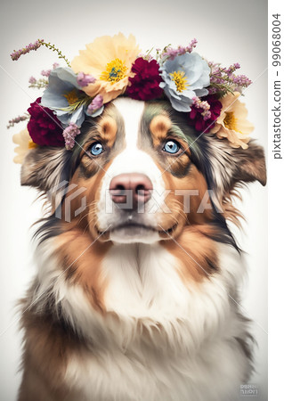 Cute Aussie dog in a flower wreath on his head Cute Aussie dog in a flower wreath on his head 99068004