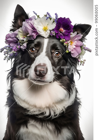 Australian black and white Shepherd dog with a flower wreath on his head, on a white background Australian black and white Shepherd dog with a flower wreath on his head, on a white background 99068005