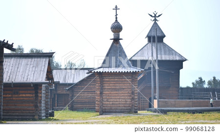 Irkutsk architectural and ethnographic Museum Taltsy . The Spasskaya Saviour tower iof Ilimsk stockaded town, 1667, the selo of Taltsy, Irkutsk oblast, Russia 99068128