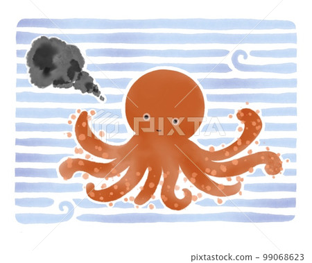 Illustration of an octopus spitting ink underwater (watercolor style) 99068623