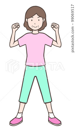 Middle-aged woman doing guts pose with both hands, aunt Middle-aged woman doing guts pose with both hands, aunt 99069517