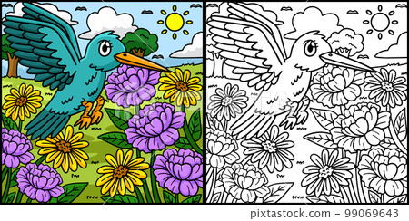 Spring Bird Over Flowers Coloring Illustration Spring Bird Over Flowers Coloring Illustration 99069643
