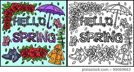 Hello Spring Coloring Page Colored Illustration Hello Spring Coloring Page Colored Illustration 99069663