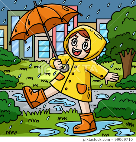 Spring Girl Enjoying The Rain Colored Illustration 99069710