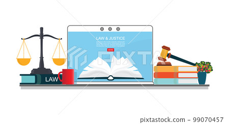 Law books with a judge s gavel and scales on laptop. 99070457
