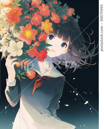 被美麗的花朵裹著的女高中生「AI 生成影像」 99070995