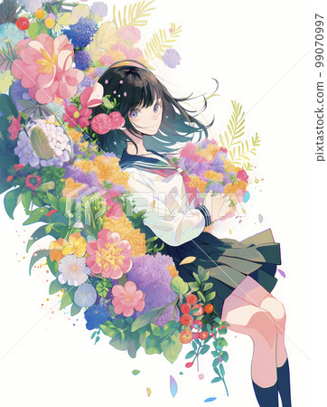 被美麗的花朵裹著的女高中生「AI 生成影像」 99070997