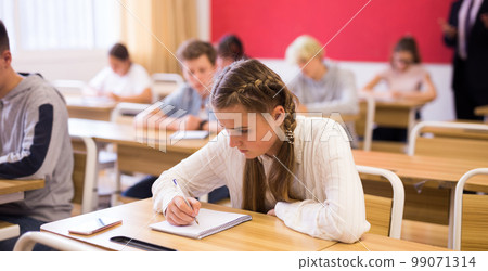 Focused teenage schoolgirl writing lectures in classroom 99071314