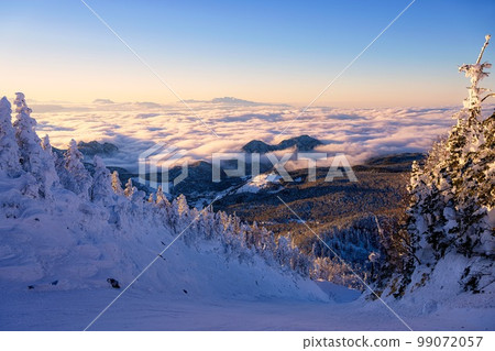 長野縣山之內町冬天的雲海和橫手山的夜景 99072057