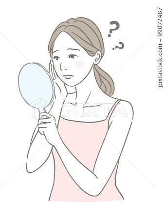 皮膚問題 皮膚問題 女人困惑地看著手鏡 99072487