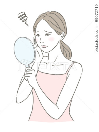 A woman who is confused by skin troubles A woman looking at a hand mirror Beauty image illustration 99072719