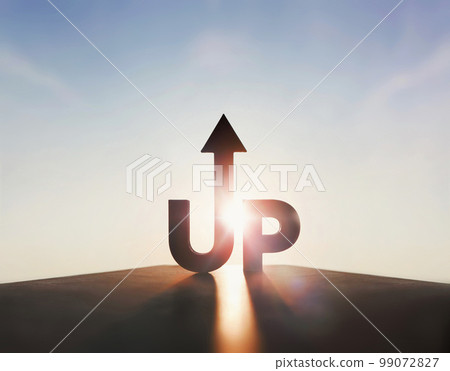 箭頭上升和 UP 上升新年日出和太陽目標和增長成功的商業理念 箭頭上升和 UP 上升新年日出和太陽目標和增長成功的商業理念 99072827