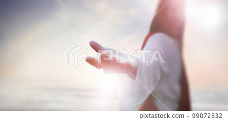 Resurrected Jesus Christ reaching out with open arms in the sky, heaven and cross, love and salvation concept Resurrected Jesus Christ reaching out with open arms in the sky, heaven and cross, love and salvation concept 99072832