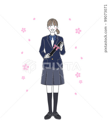 Female student in uniform with cherry blossoms and certificate 99073071