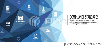 Compliance Standards web header banner with icon set that shows a company passed inspection 99073255
