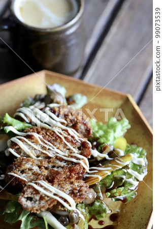 Minced meat cutlet and vegetable open sandwich with coffee and bread topping Minced meat cutlet and vegetable open sandwich with coffee and bread topping 99073539