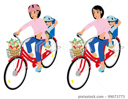 戴頭盔的媽媽和沒戴頭盔的媽媽帶著孩子騎自行車 戴頭盔的媽媽和沒戴頭盔的媽媽帶著孩子騎自行車 99073773