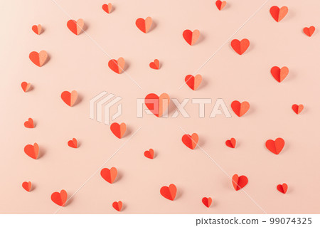 Happy Valentine Day concept. Beautiful red paper hearts shape cutting pastel pink background, Symbol of love paper art with copy space for text, Happy mother day 99074325
