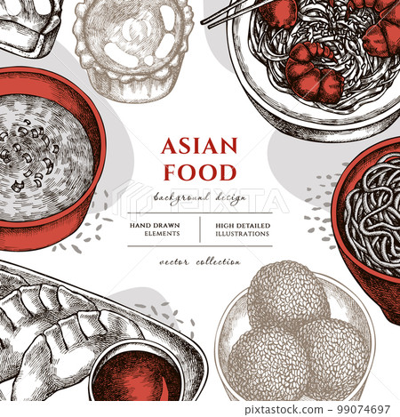 Asian food hand drawn illustration design. Background with vintage jiaozi, jian dui, egg tart, noodles with shrimp, egg soup, noodles bowl. 99074697