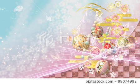 春天的花朵、球和蝴蝶華美的日式背景 99074992