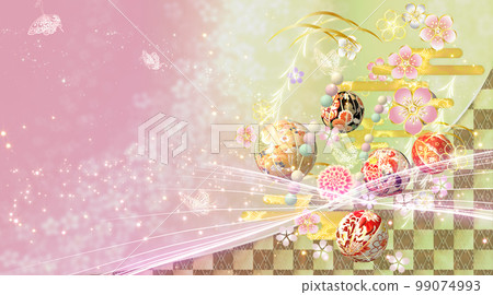 春天的花朵、球和蝴蝶華美的日式背景 99074993