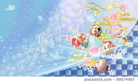 Gorgeous Japanese style background of spring flowers, balls and butterflies 99074997