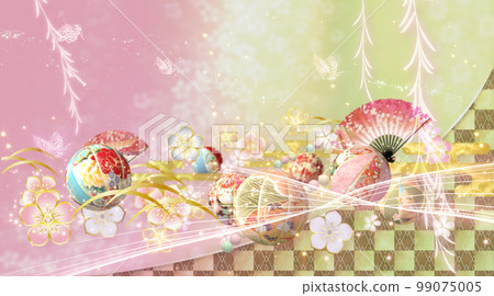 春天的花朵、球和蝴蝶華美的日式背景 春天的花朵、球和蝴蝶華美的日式背景 99075005