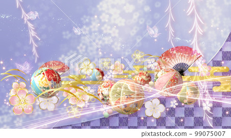 春天的花朵、球和蝴蝶華美的日式背景 春天的花朵、球和蝴蝶華美的日式背景 99075007