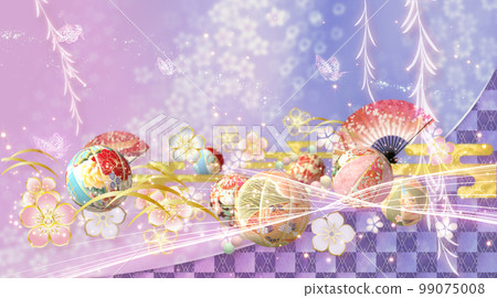 春天的花朵、球和蝴蝶華美的日式背景 99075008