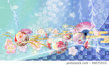 Gorgeous Japanese style background of spring flowers, balls and butterflies Gorgeous Japanese style background of spring flowers, balls and butterflies 99075010
